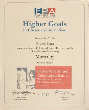 Evangelical Press Association Award 2017 Bronwen Speedie Mutuality